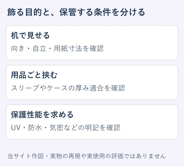 飾る目的と保管の条件を分けた独自図。メーカーの保護性能試験ではありません。